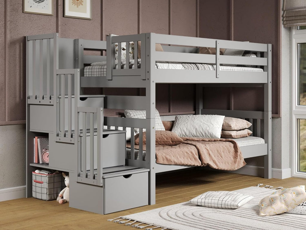 Bedz King Stairway Bunk Beds Twin Over Twin, 3 Step Drawers, Gray