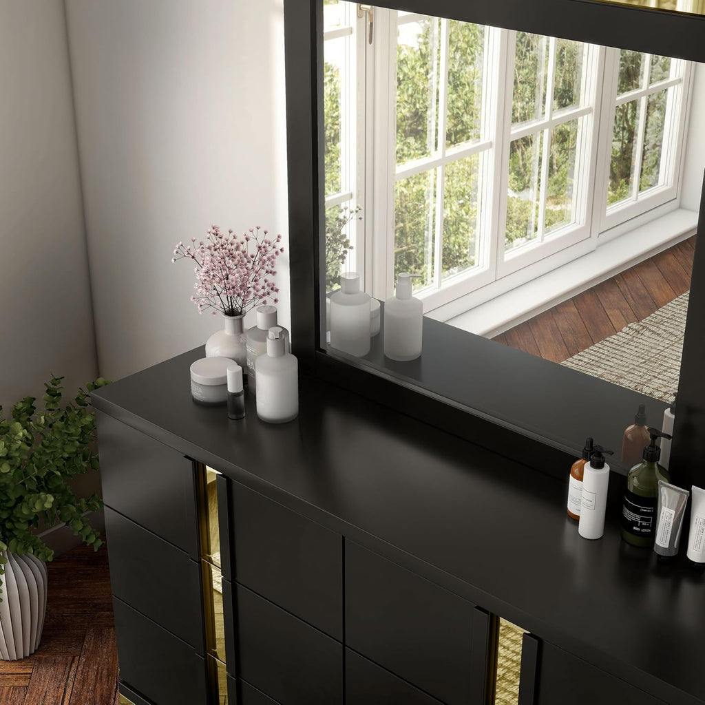 Furniture of America Ansten Modern Wood 6-Piece Platform Bedroom Set with Gold Trim, Underbed LED, Dust Proof Cases, Bracketed Metal Legs, No Box Spring Needed, Full, Black