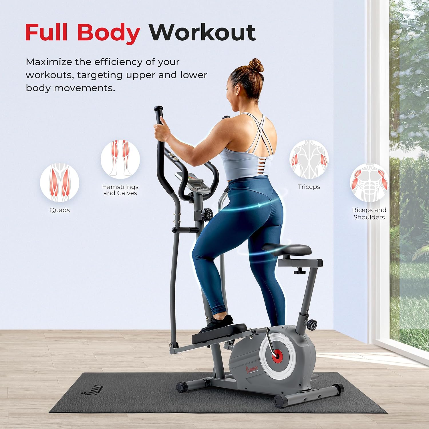 Sunny Health & Fitness Elliptical and Bike Exercise Machine, Ultra Silent Adjustable Resistance Levels Cross Trainer for Home Gym with Pulse Rate Grips, LCD Monitor via Bluetooth SunnyFit App Access