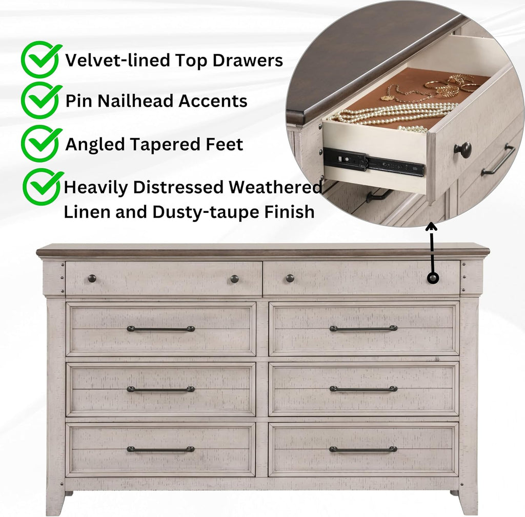 Roundhill Furniture Walcott 4-Piece Bedroom Set with Touch LED Lighting, Weathered Dusty-Taupe Finish, King