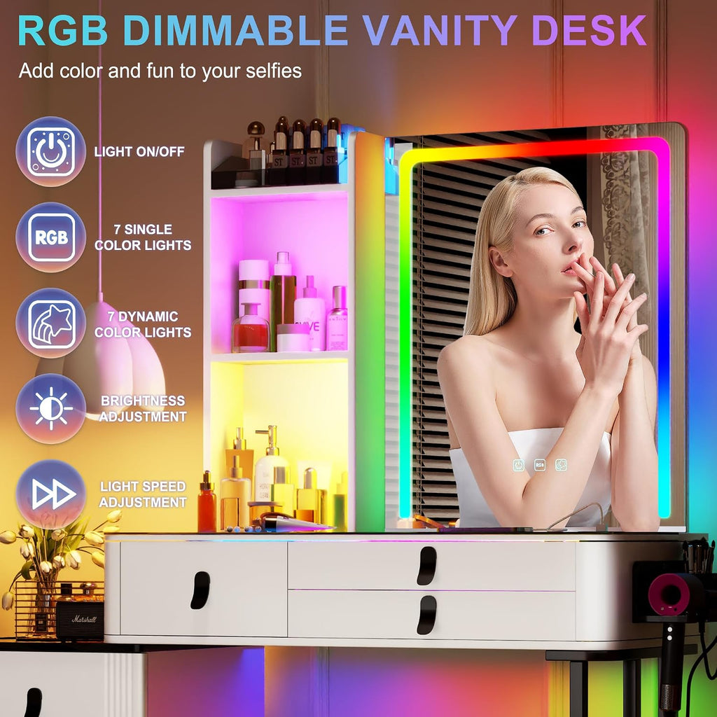 RGB Vanity Desk with Mirror and Lights, Glass Top Makeup Vanity Table with Wireless Charging Station, Dressing Table with Chair & 6 Drawers (White)