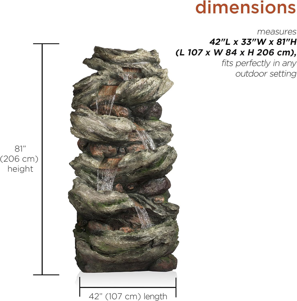 Alpine Corporation WIN1424 81' 5 Tier Rock Water Fountain with LED Lights – Natural Stone Look for Indoor/Outdoor Use, Elegant Cascading Water Feature for Gardens, Patios, or Living Room, Brown