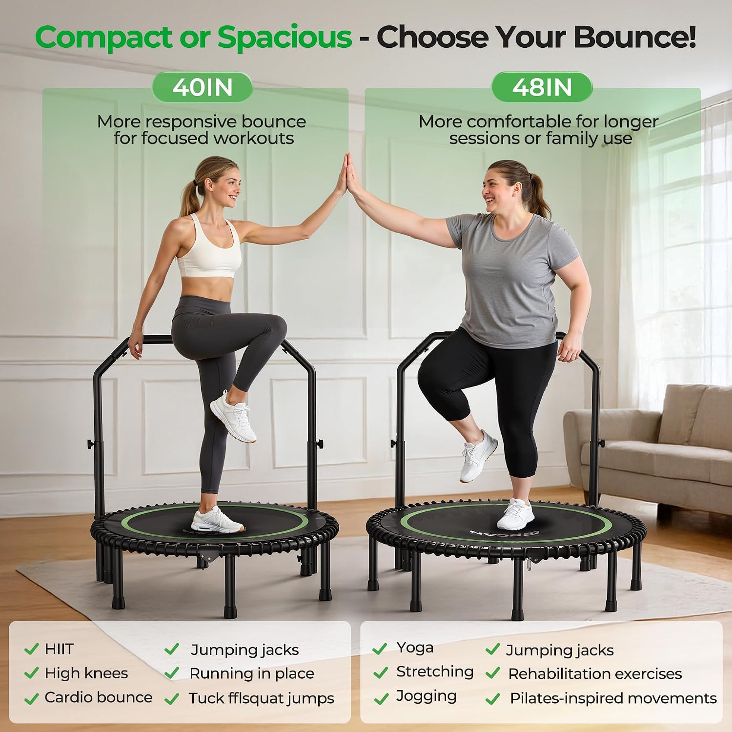 BCAN BT2 450/550LBS Mini Rebounder Trampoline for Adults with Bar, Fitness Trampoline with Bungees, Adjustable Handle, Stable & Quiet, Indoor Outdoor, Whole-Body Workout & Relaxation at Home-40IN/48IN