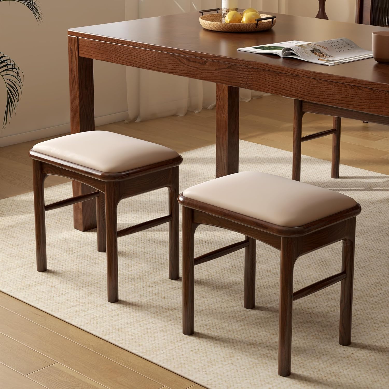 Solid Wood Leather Upholstered Dining Bench & Stool Set, 47.2'' Long Bench and 17.7'' Suqare Stool Set for Dining Table, Walnut Ottoman Footrest Bench Seat for Entryway Dining Bedroom, 3pcs
