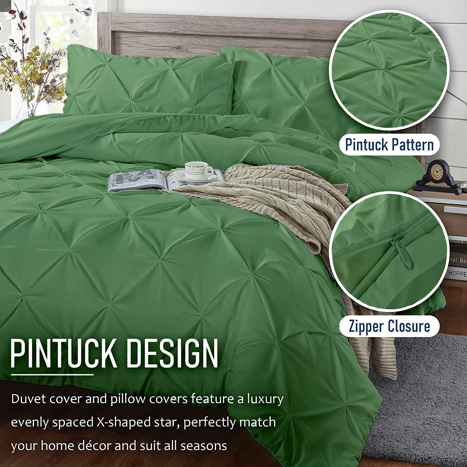 Crown Collection Luxuriate Hotel 1000-TC Hypoallergenic Ultra Soft Design 100% Egyptian Cotton Pinch Plated Duvet Cover with Zipper Colser & 2pcs Pillow Case Set (Super King Plus 120X120) Moss