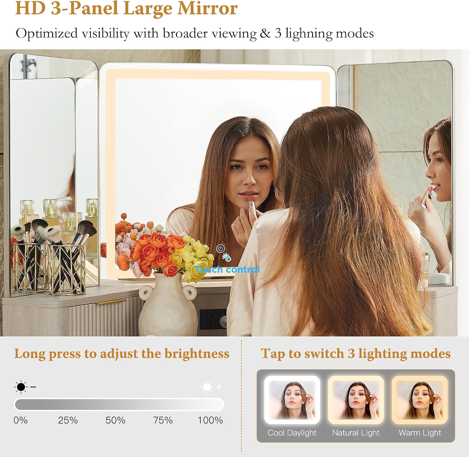 T4TREAM 48' Fluted Makeup Vanity Desk with HD Triple Mirror and Lights, Large Lighted Corner Vanity with Glass Top, Modern Dressing Table with 3 Drawers & 2 Cabinets for Bedroom, White Alder