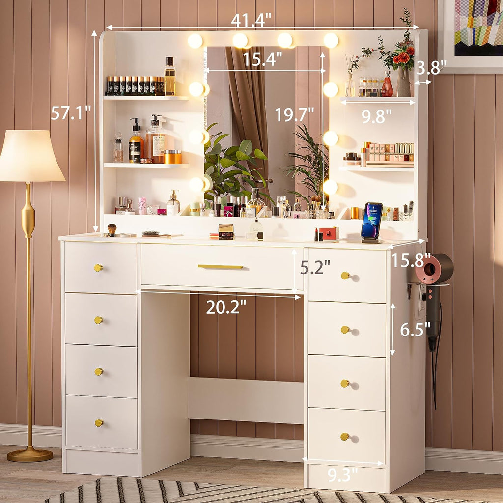 LAKEMID Vanity Desk with Mirror and Lights,Large Makeup Vanity Table Transparent Glass Top with 9 Drawers & Power Outlet,3 Lighting Modes,White Vanity Desk Dressing Table for Women Bedroom