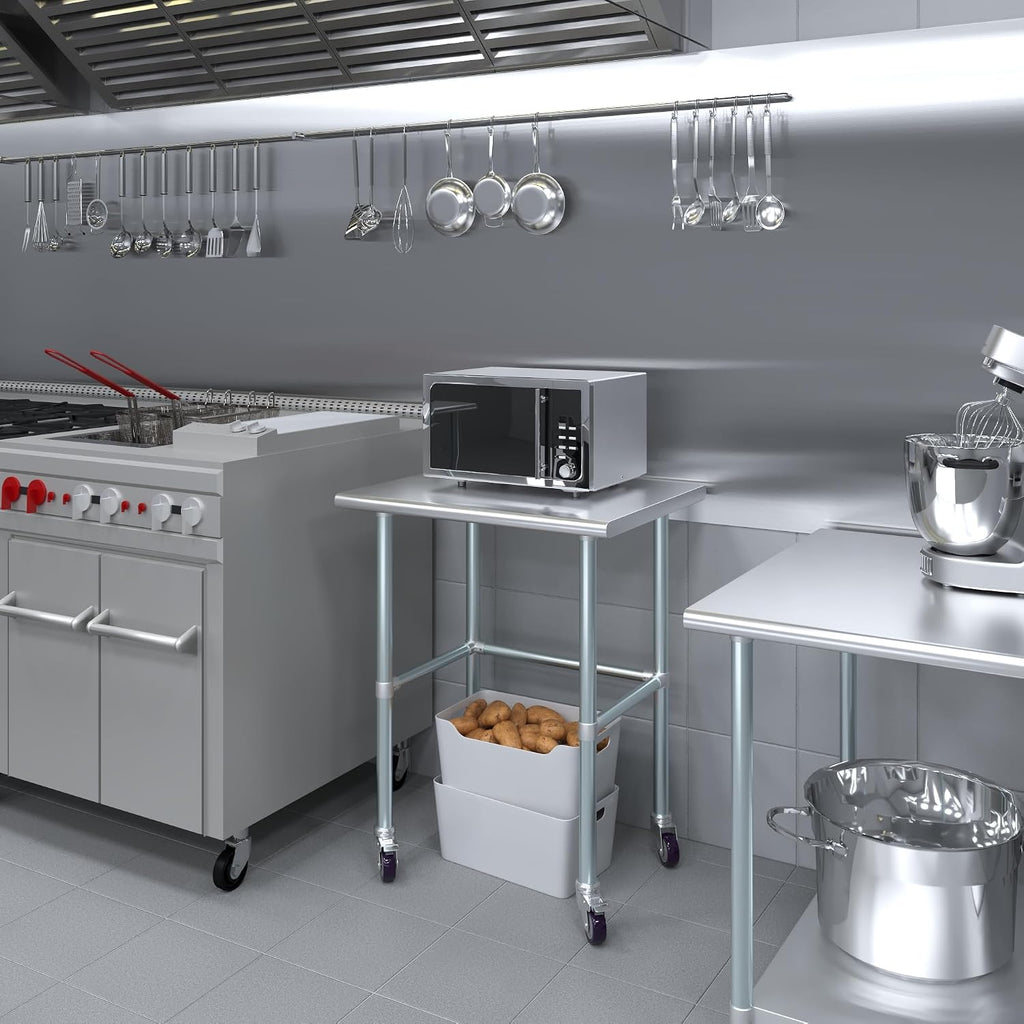 AmGood Stainless Steel Work Table Open Base & Wheels | Work Station | Metal Work Bench (Stainless Steel Work Table Open Base + Casters, 30' Long x 24' Deep)