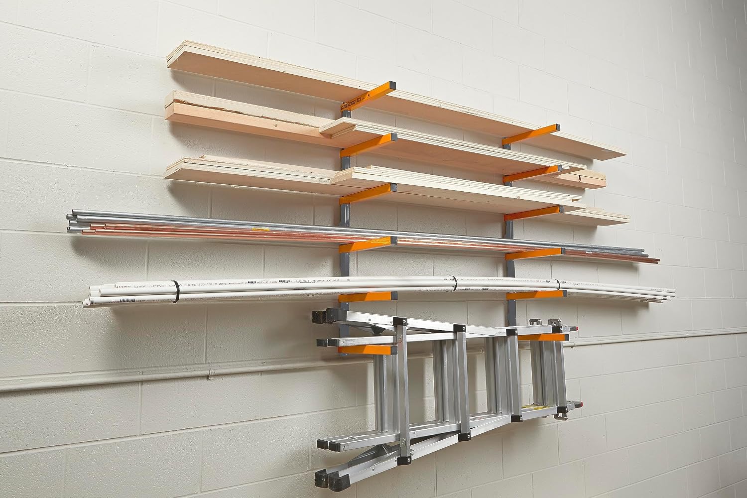 Bora Adjustable Universal Mobile Base Portamate PM-1000. Move Your Heavy Tools & Wood Organizer and Lumber Storage Metal Rack with 6-Level Wall Mount – Indoor and Outdoor Use, in Orange