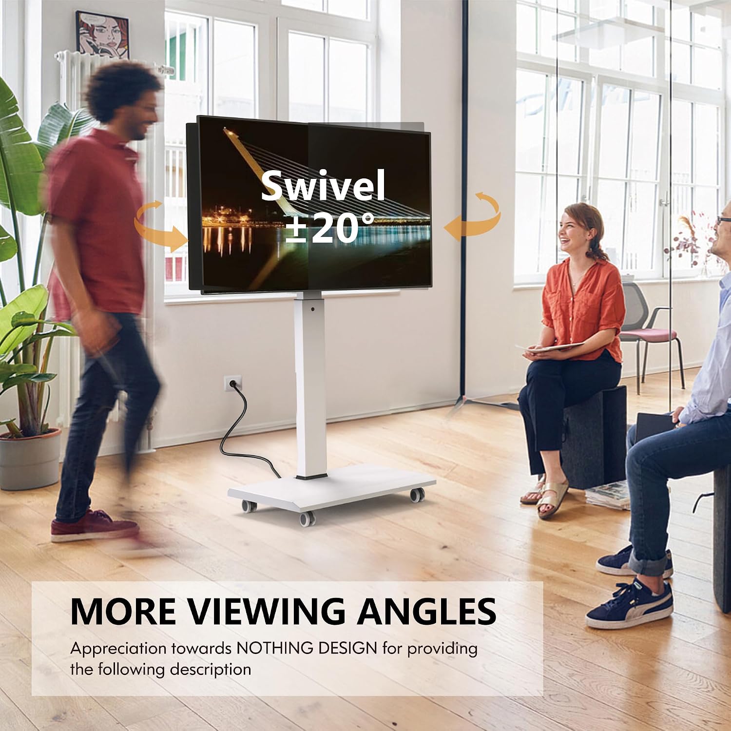 FITUEYES Rolling TV Stand with Power Strip - Mobile TV Stand for 32-75 Inch TVs, Landscape to Portrait Rotating, ±20° Swiveling, Height Adjustable TV Cart Hold Up to 88 Lbs Max VESA 400x600mm