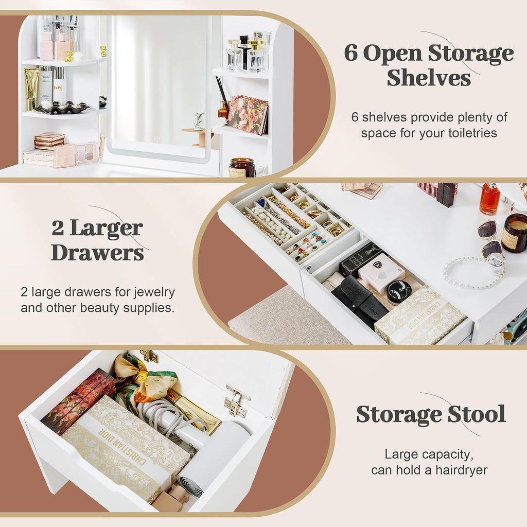JUMMICO Makeup Vanity with Mirror and Lights, Vanity Desk with 3 Color Modes and Adjustable Light Brightness, Makeup Table with Storage Drawer, Open Shelves, and Side Storage (White, with Bench)