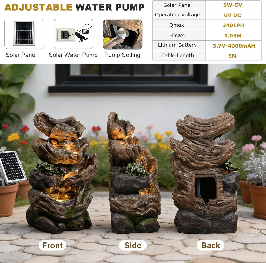 Solar Water Fountain Outdoor, 27' H 4-Tier Realistic Tree Trunk Cascading Waterfall with 4000mAh Battery Backup & 3000K LED Lights, IP64 Weatherproof Resin Fountain for Garden, Patio, Deck Decor