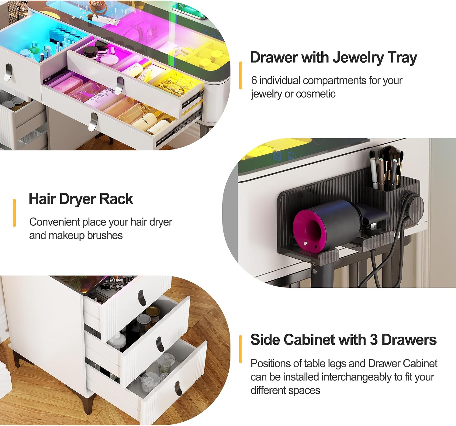 RGB Vanity Desk with Mirror and Lights, Glass Top Makeup Vanity Table with Wireless Charging Station, Dressing Table with Chair & 6 Drawers (White)