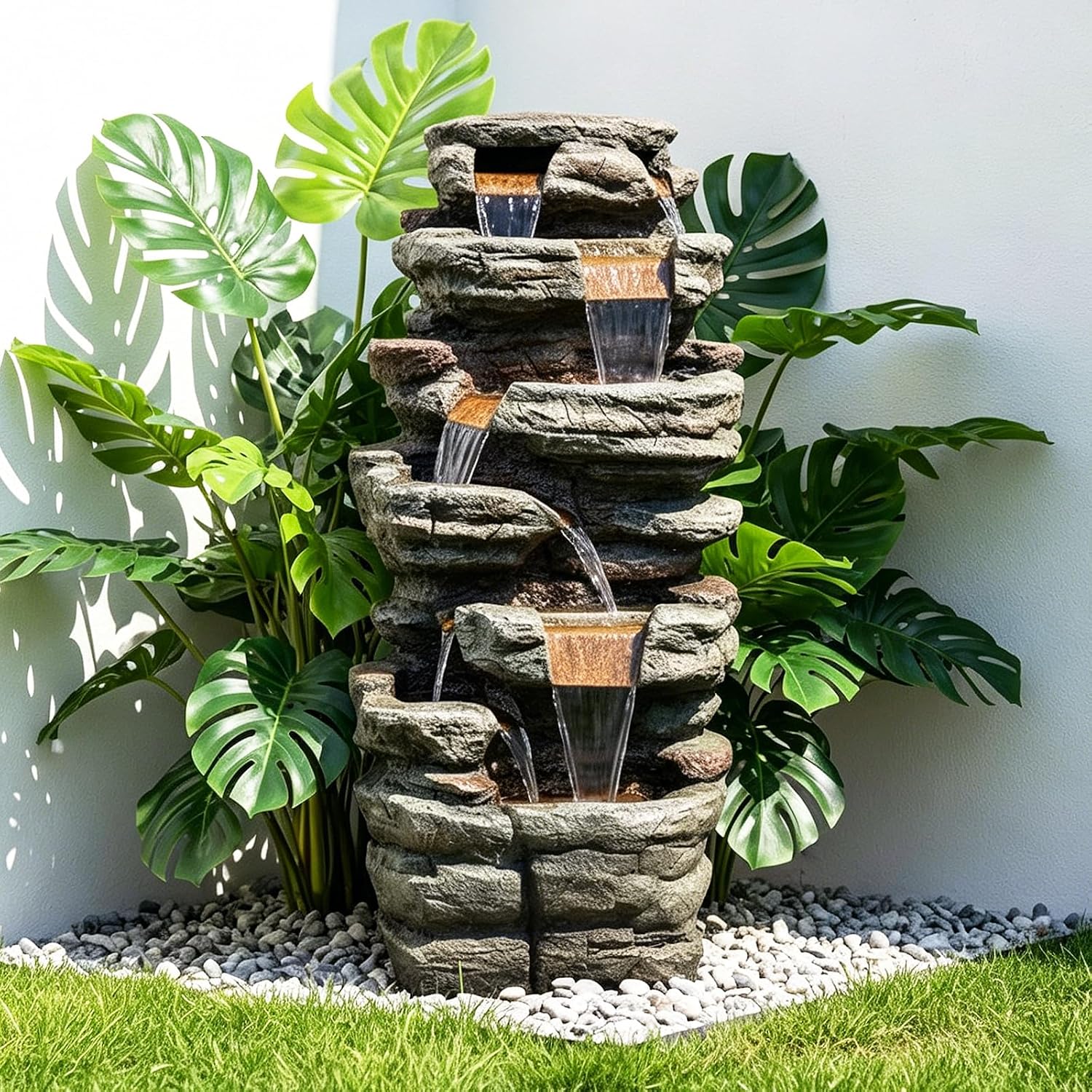 Naturefalls 48' High Outdoor Rock Water Fountain with LED Lights - Mutil-Tiers Poly-Resin Cascading Waterfall Fountain for Garden, Patio, Yard, Home Decor