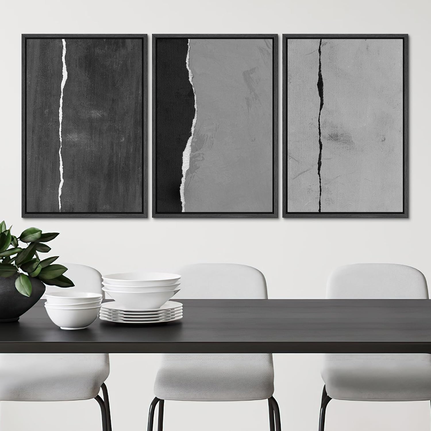 SIGNLEADER Framed Canvas Print Wall Art Set Black and White Torn Minimalist Grunge Illustrations Minimal Decorative Bohemian Nordic for Living Room, Bedroom, Office - 24'x36'x3 BLACK