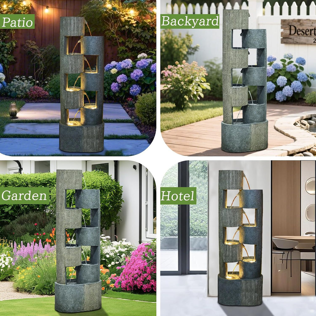 Sunlinua 51 Inch Outdoor Water Fountain with LED Lights Tiered Waterfall Fountain Garden Water Feature Durable Resin Fiberglass with Pump Stones Weatherproof Indoor Outdoor Patio Decor