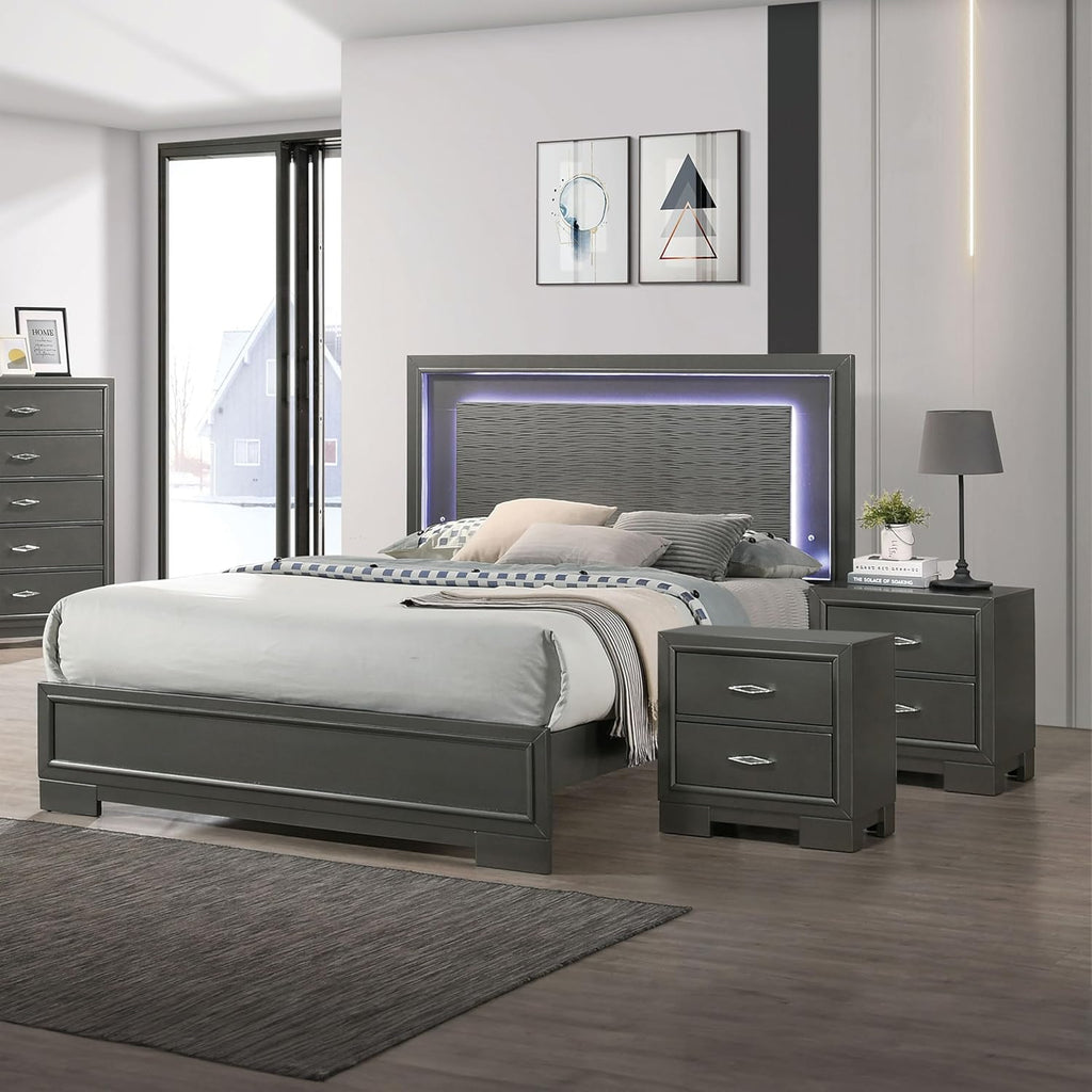 Furniture of America Verdant Modern Wood 3-Piece Bedroom Set with LED Lights in Headboard and Center Metal Glides, No Box Spring Required for Bedroom, Full, Metallic Gray