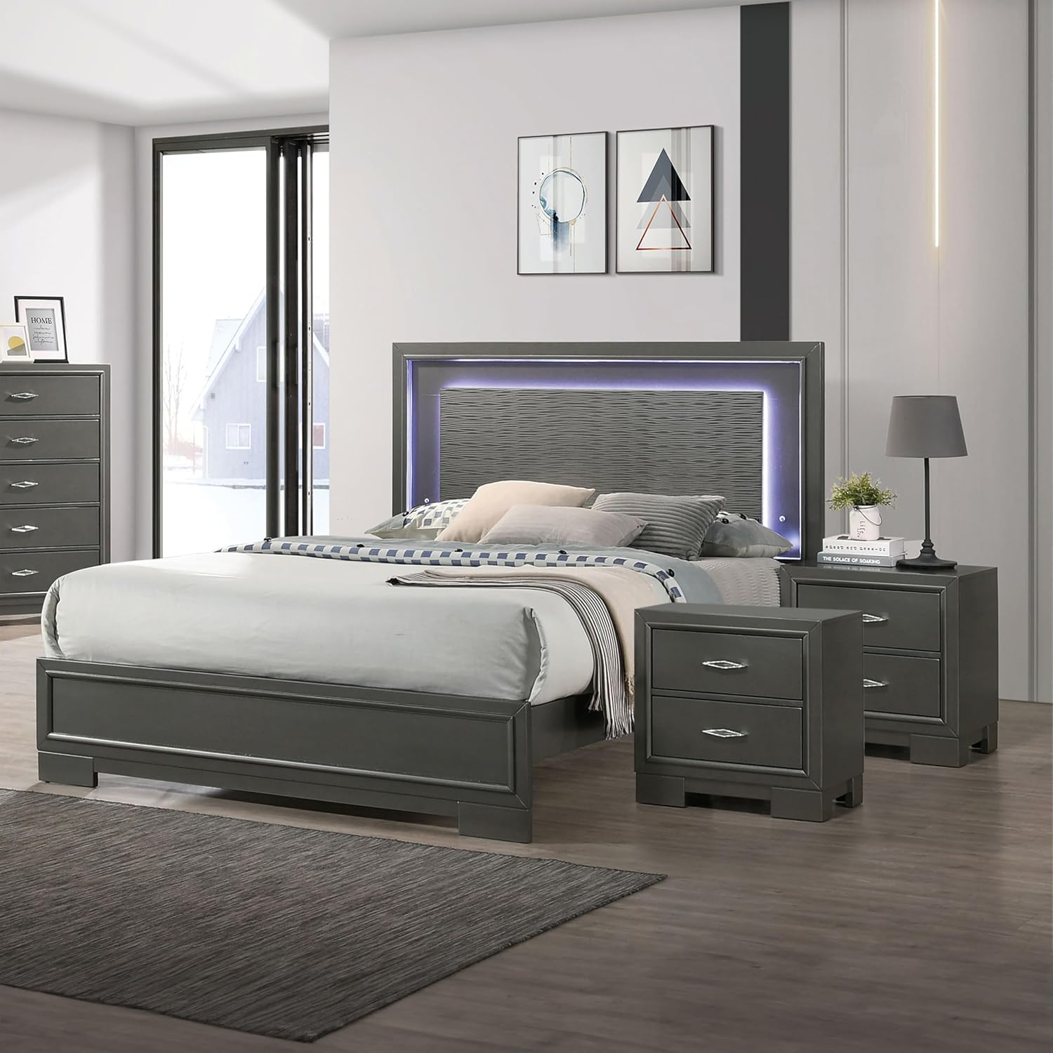 Furniture of America Verdant Modern Wood 3-Piece Bedroom Set with LED Lights in Headboard and Center Metal Glides, No Box Spring Required for Bedroom, Full, Metallic Gray