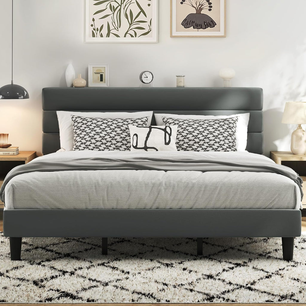 Fluest King Size Bed Frame, Platform Bed Frame with Velvet Upholstered Headboard, No Box Spring Needed, Sturdy Metal Support, Noise Free, Easy Assembly, Grey