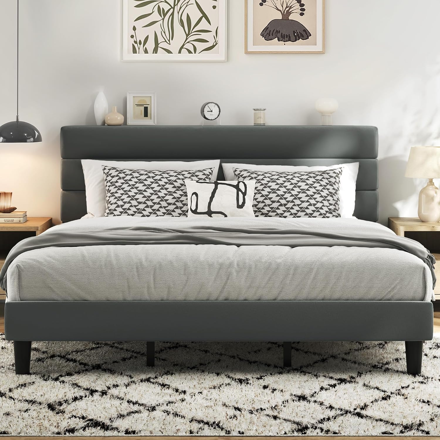 Fluest King Size Bed Frame, Platform Bed Frame with Velvet Upholstered Headboard, No Box Spring Needed, Sturdy Metal Support, Noise Free, Easy Assembly, Grey