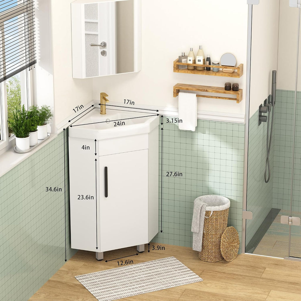 Findepot 24' Corner Bathroom Vanity Sink Combo for Small Space Freestanding Compact Space Bathroom Storage Cabinet with White Ceramic Sink, Adjustable Shelf and Black Handle, White