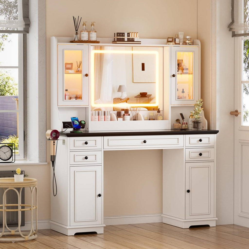 PAKASEPT Vanity Desk with Mirror and Lights, Makeup Vanity with 3 Lighting Modes& Charging Station, 5 Drawers, 4 Cabinets, Farmhouse Bedroom Vanitys for Women, Girls, Teens