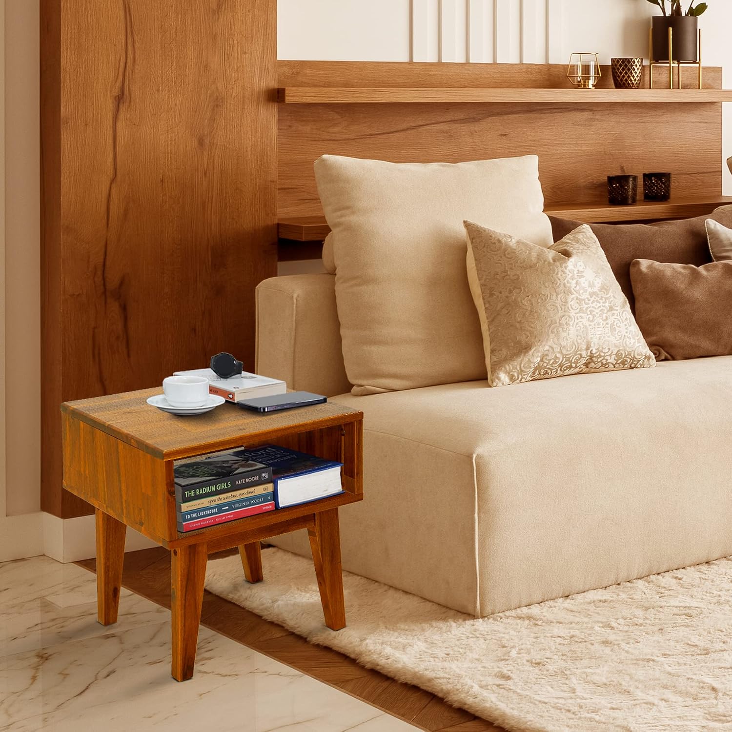Acacia Aurora King Bed Frame with Headboard & Serena Nightstand Set – Solid Wood Platform Bed & Bedside Table, Caramel Finish