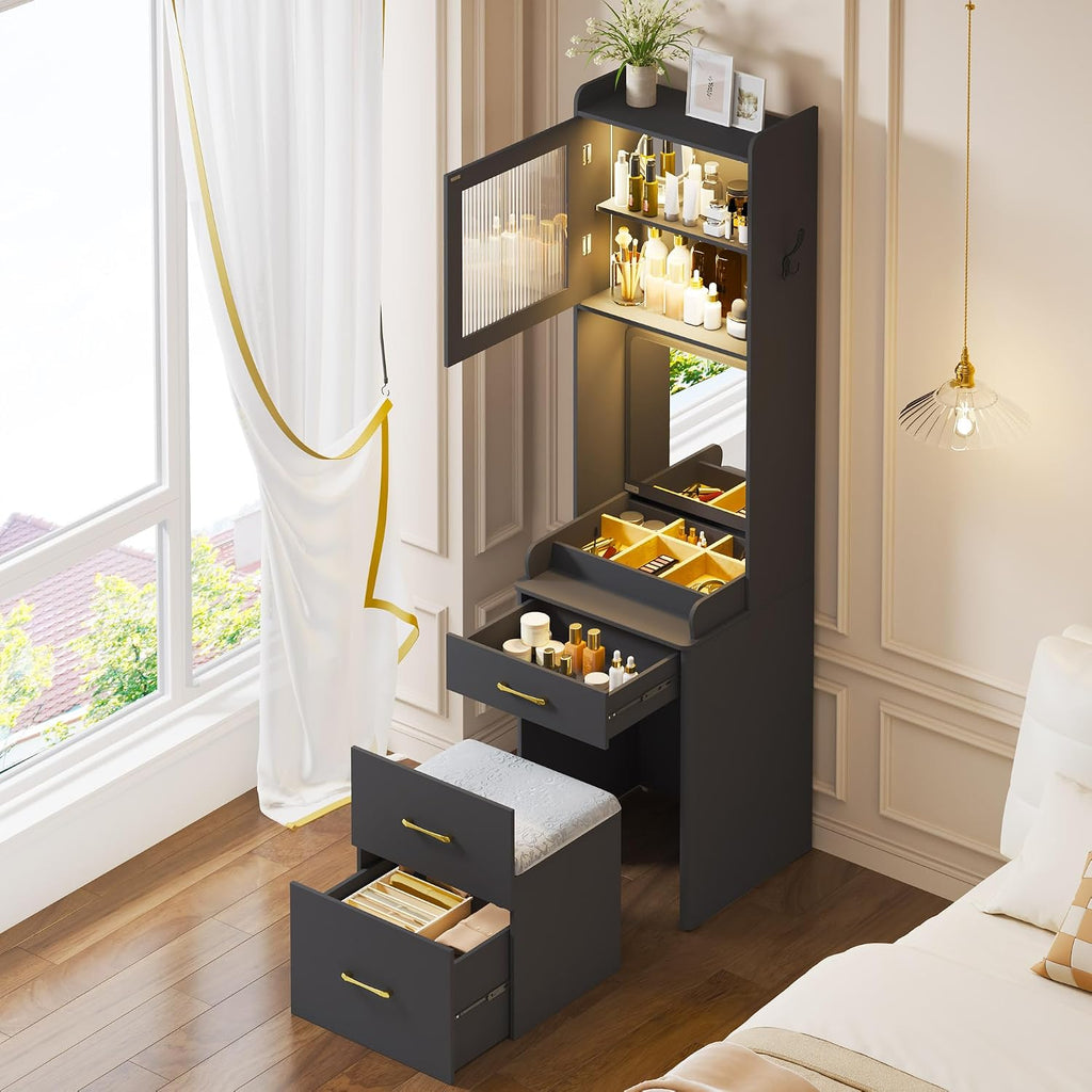 Lvifur 3-in-1 Vanity Desk with Mirror and Lights, Makeup Vanity Table with Cushioned Stool, Compact Dressing Table Writing Desk for Small Spaces, Vanity Set for Bedroom
