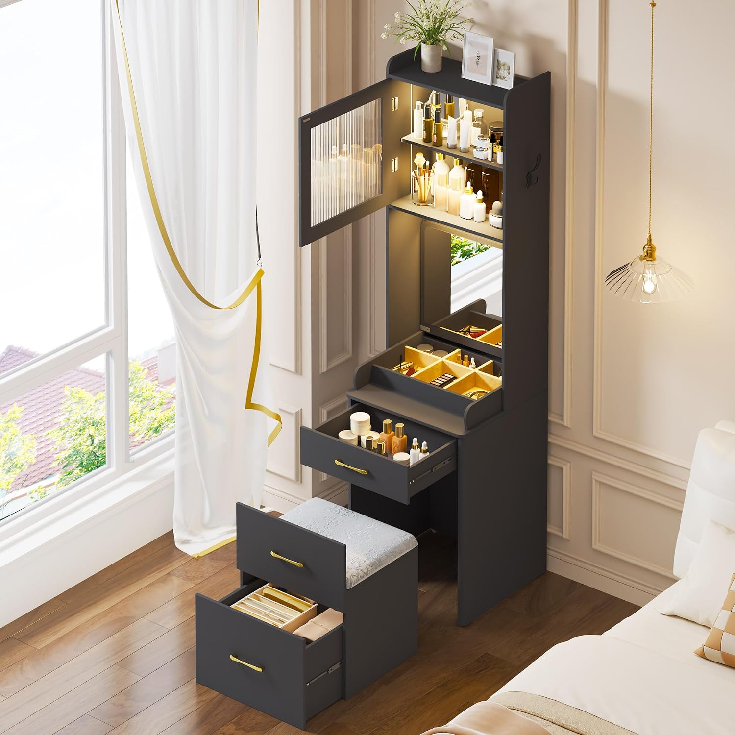 Lvifur 3-in-1 Vanity Desk with Mirror and Lights, Makeup Vanity Table with Cushioned Stool, Compact Dressing Table Writing Desk for Small Spaces, Vanity Set for Bedroom