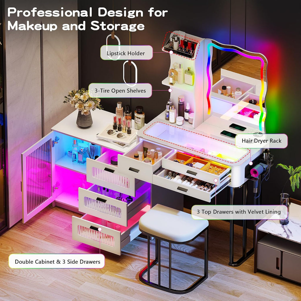 Lvifur RGB Make up Vanity Desk with Lights, Glass Top Vanity Table with 24 Color Dimmable Lights, Large Vanity Set with 8 Drawers, Dressing Table with Cushioned Stool