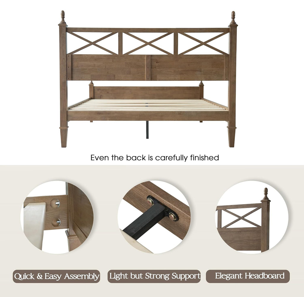 Queen Size Platform Bed Frame, Solid Wood with Headboard & Footboard, Center Metal Legs, 12 Strong Slatted Base, Anti-Noise & Slip-Free, Easy Assembly, No Box Spring Needed, Barnwood Finish RIQ-30