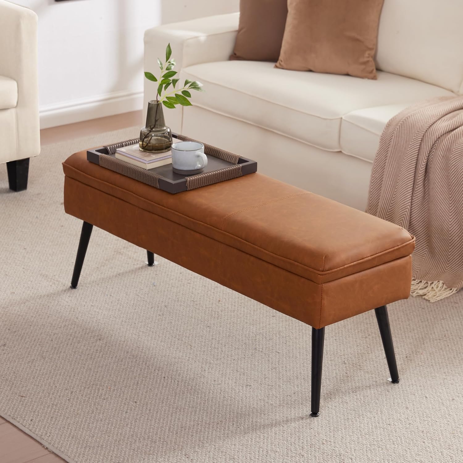 Ottoman with Storage Bench, End of Bed Bench with Flipping Lid, Mid-Century Modern & Faux Leather with Stitching, Loads 660 lb, for Living Room, Bedroom, Entryway, Cognac Brown