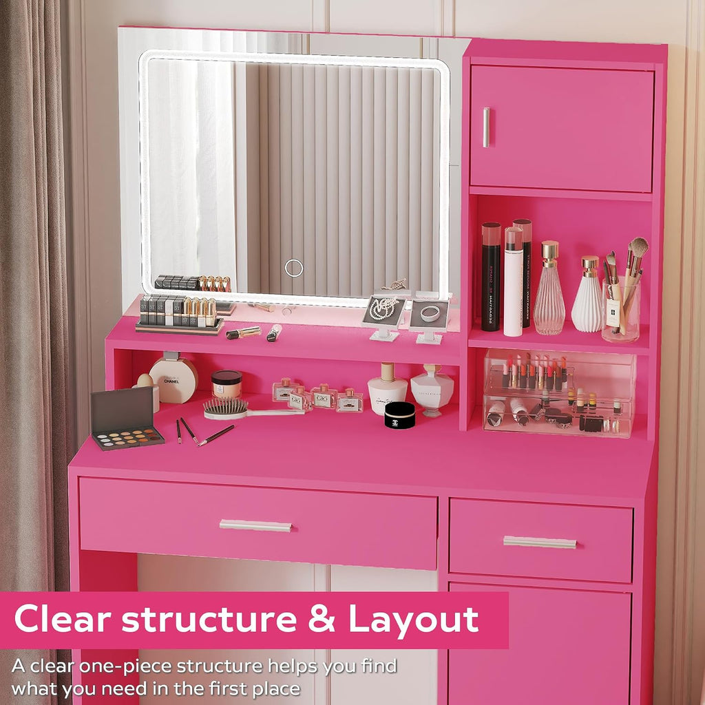 MIRROTOWEL Vanity Desk with Mirror and LED Light Strip,Dressing Table with Large Drawer, 3 Level Storage Dresser & 3 Lighting Modes Adjustable Brightness, Suitable for Bedroom