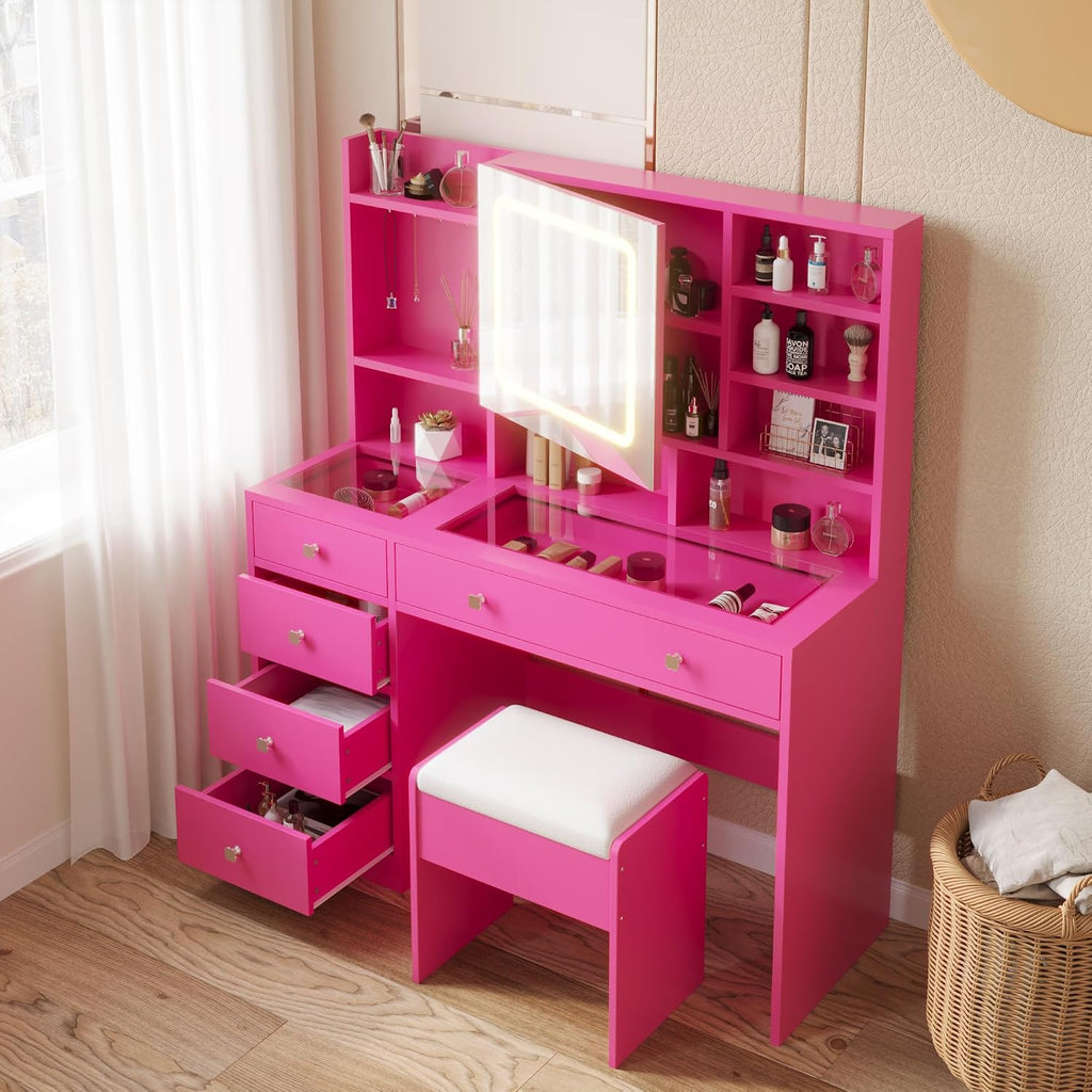 Karl home Makeup Vanity with Lighted Mirror Bedroom Vanity Desk with Charging Station Large Vanity Set with Transparent Desk, Drawers, Cabinet, Shelves for Storage in Bedroom, Pink