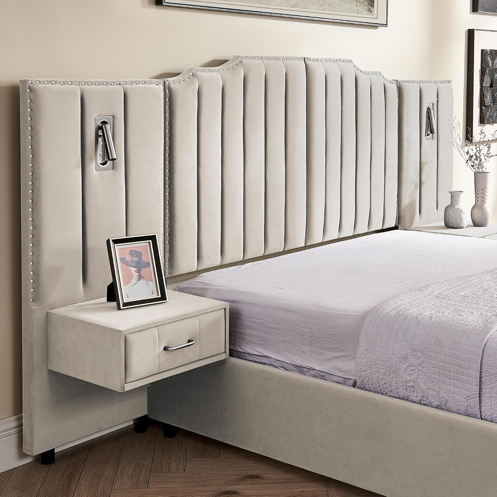 Velvet Upholstered Queen Size Platform Bed Frame with 48' Tall Headboard, Built-in Nightstands & Storage Drawers, No Box Spring Needed, Modern Beige Bedroom Furniture Set