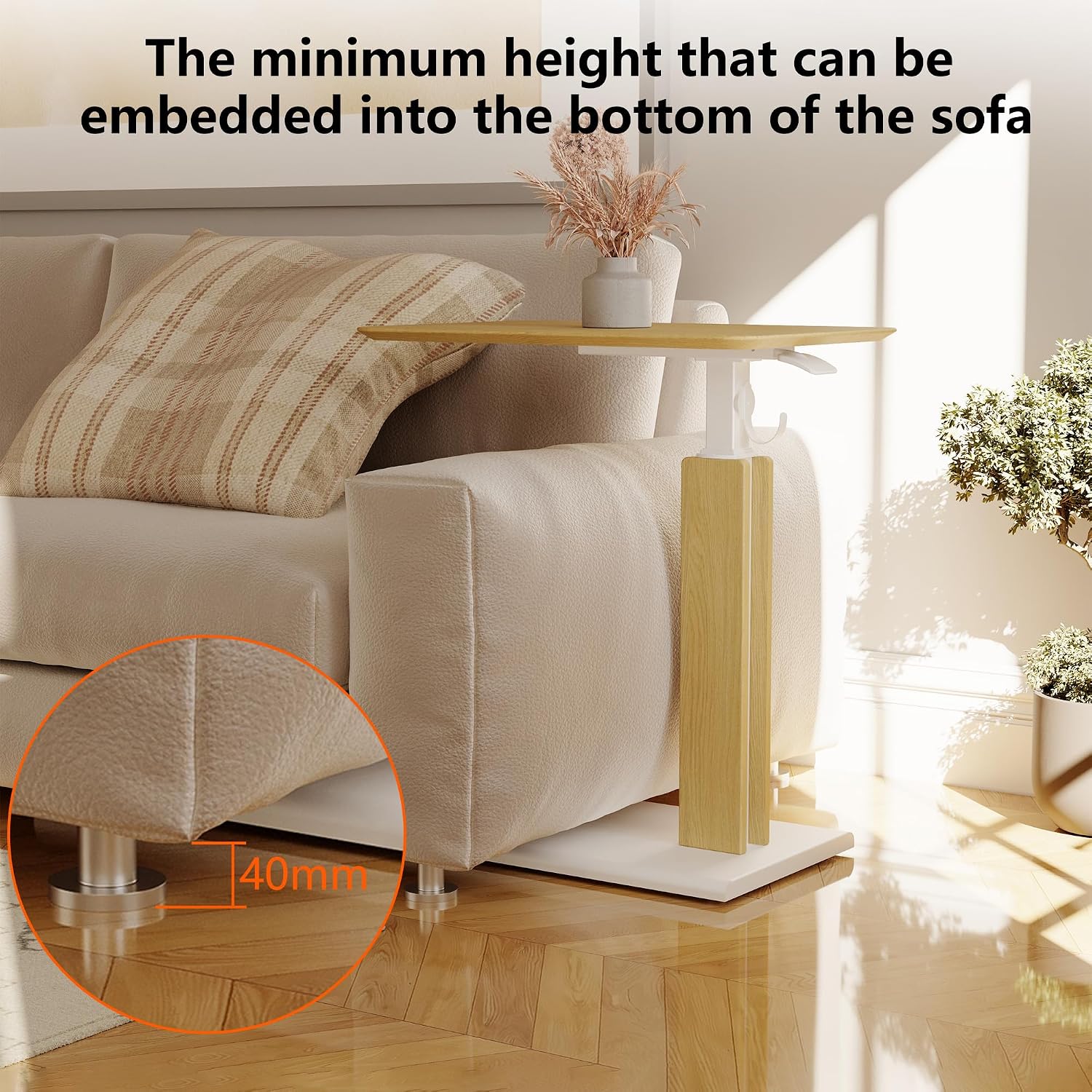 ETHU Overbed Table with Pneumatic Lift, 26.4-39.8 Inch Height Adjustable Bed Table with Magnetic Hook, Ultra-Thin Base Mobile Desk for Hospital, Home Office and Sofa Use, 44 LBS Capacity, Oak
