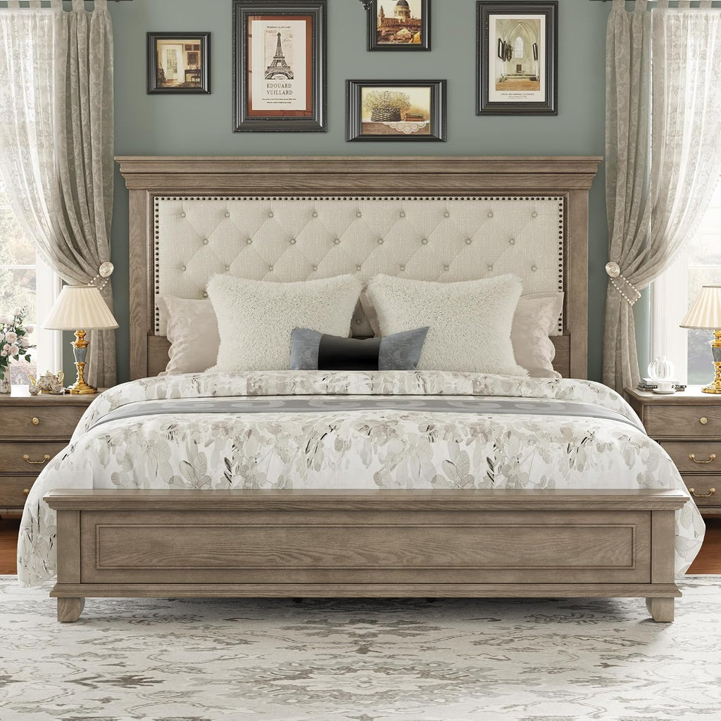 LUXOAK Solid Pine Wood King Bed Frame with 69' High Upholstered Headboard, Transitional Style Platform Bed, No Box Spring Needed & Easy Assembly, Button-Tufted Chenille Fabric, Antique Taupe