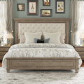 LUXOAK Solid Pine Wood King Bed Frame with 69' High Upholstered Headboard, Transitional Style Platform Bed, No Box Spring Needed & Easy Assembly, Button-Tufted Chenille Fabric, Antique Taupe