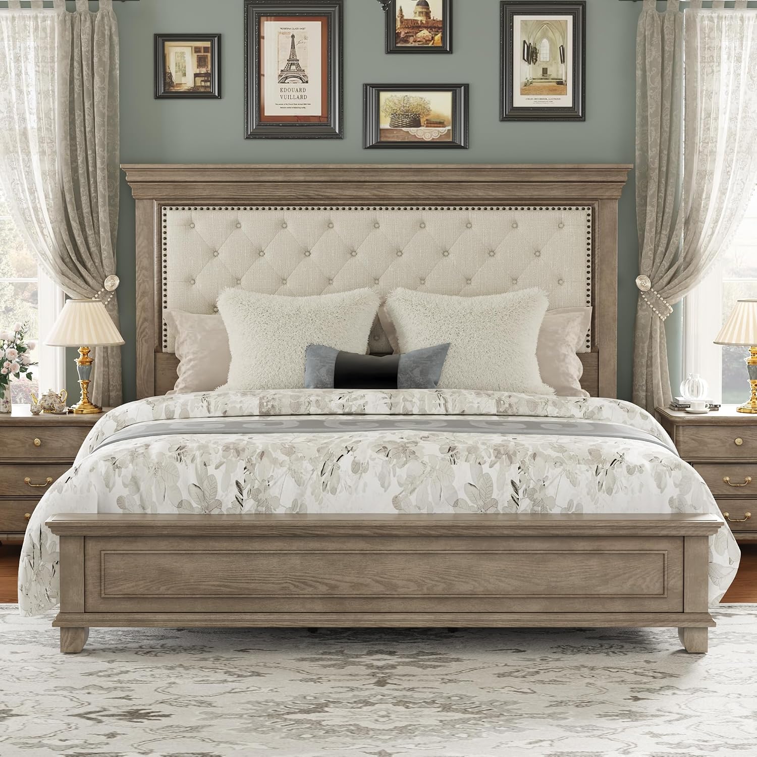 LUXOAK Solid Pine Wood King Bed Frame with 69' High Upholstered Headboard, Transitional Style Platform Bed, No Box Spring Needed & Easy Assembly, Button-Tufted Chenille Fabric, Antique Taupe