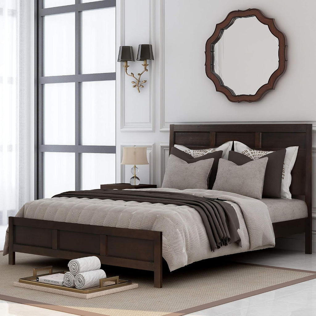 3 Pieces Queen Size Bedroom Furniture Set, Solid Wood Queen Size Platform Bed + 2 Night Stand, Platform Bed with Center Support Legs, Rustic Inviting Classic Brown, Distressed, Slightly Rustic Look