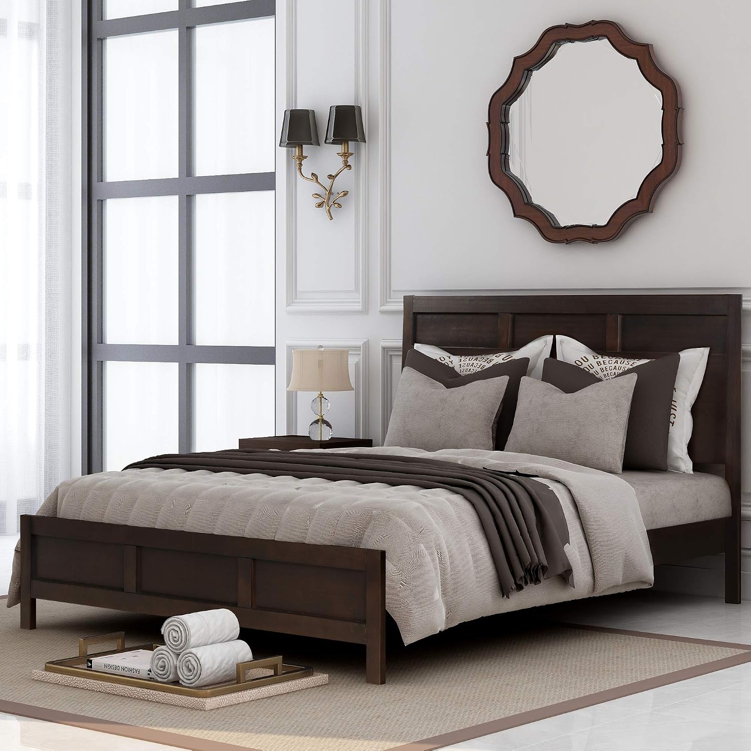 3 Pieces Queen Size Bedroom Furniture Set, Solid Wood Queen Size Platform Bed + 2 Night Stand, Platform Bed with Center Support Legs, Rustic Inviting Classic Brown, Distressed, Slightly Rustic Look