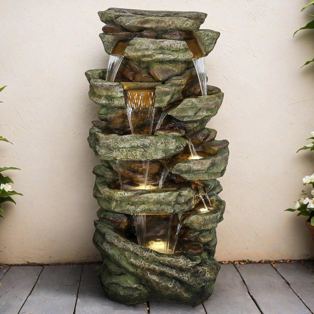 SunJet 59' High Multi-Tiers Cascading Rock Outdoor Water Fountain with LED Lights - Large Outdoor Fountains and Waterfalls for Garden or Patio, Yard, and Deck Decor, Featuring Natural Stone Look