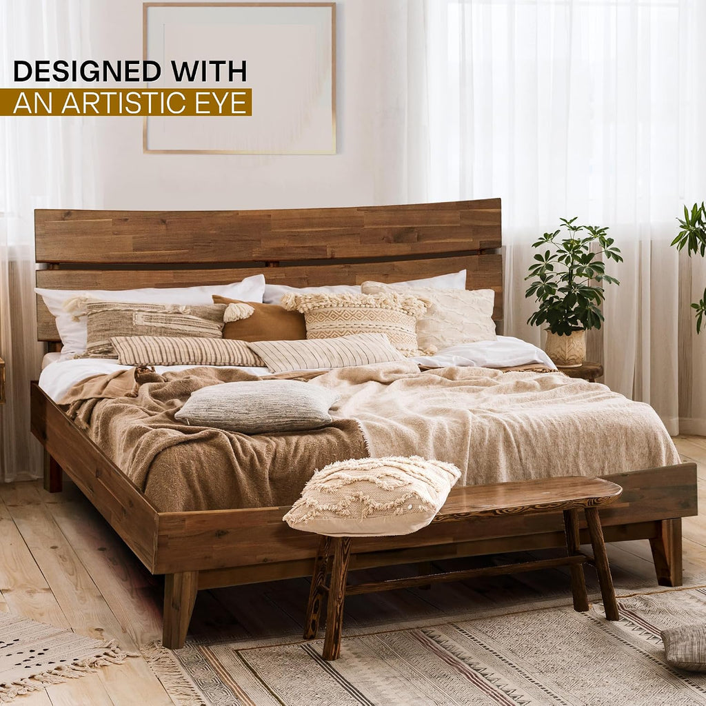 Acacia Aurora Solid Wood Platform Bed with Headboard, Wood Bed Frame Queen Size, Easy Assembly, No Box Spring Needed, 800 lbs Capacity Compatible with All Mattress Types, Wood Slats Support, Walnut