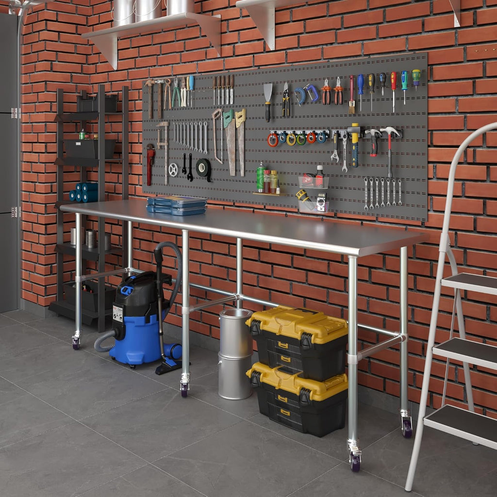 AmGood Stainless Steel Work Table Open Base & Wheels | Work Station | Metal Work Bench (Stainless Steel Work Table Open Base + Casters, 96' Long x 24' Deep)
