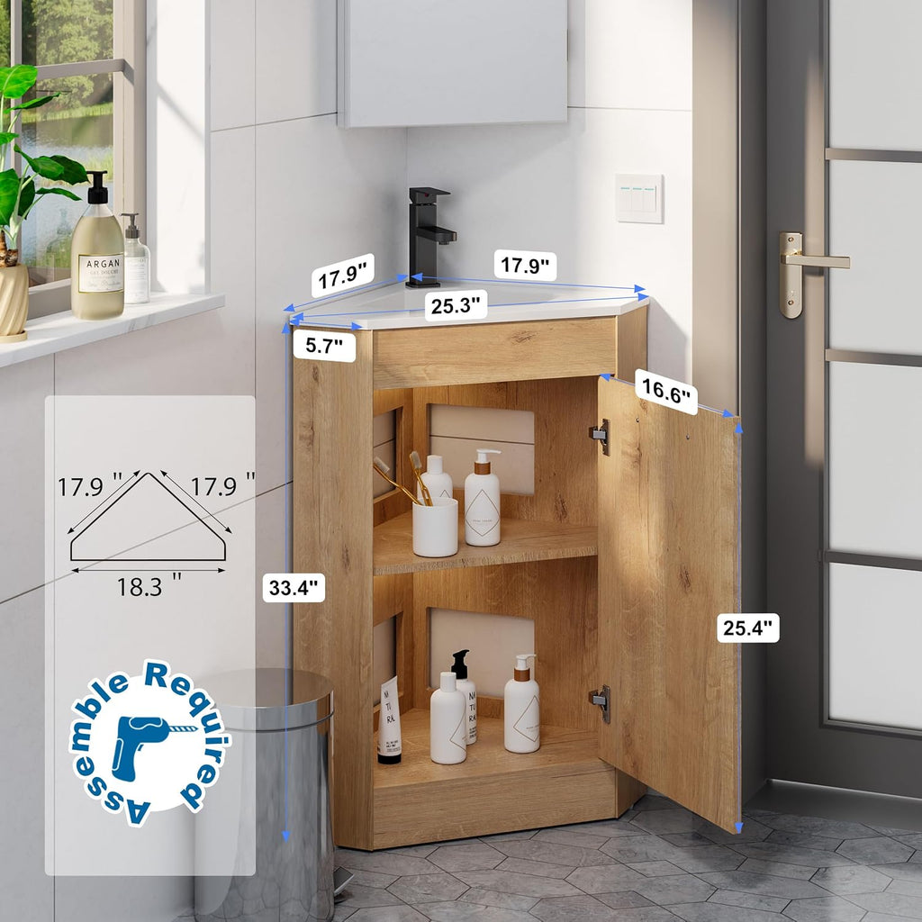 eclife 26' Corner Bathroom Vanity Sink Combo for Small Space Freestanding Storage Cabinet with White Resin Sink and Matte Black Faucet, Natural