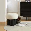 Mushroom Ottoman Stool with Teddy Fabric Upholstery, Round Foot Rest Seat, Walnut Veneer Look Barrel Base, Accent Vanity Seating for Entryway Living Room Bedroom Sofa Side Corner Decor (Black)