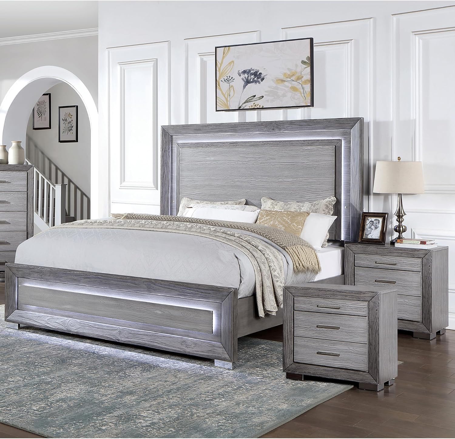 Furniture of America Isadora Transitional Solid Wood 3-Piece Bedroom Set, LED Light Bed and 2 Nightstands with USB Ports for Bedroom, Box Spring Required, California King, Gray