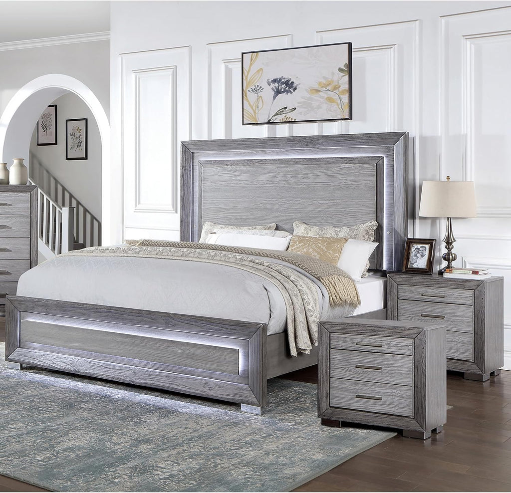 Furniture of America Isadora Transitional Solid Wood 3-Piece Bedroom Set, LED Light Bed and 2 Nightstands with USB Ports for Bedroom, Box Spring Required, King, Gray