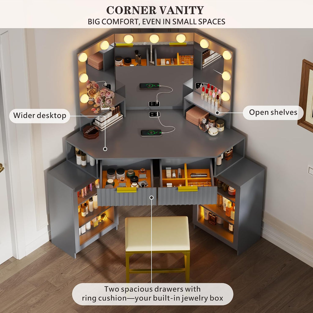 Vanity Desk with Charging Station & LED Lights Mirror – Corner Design HD Triple Mirror Makeup Vanity Table Set with Storage Drawers & Chair for Living Room/Bedroom Ideal Gift (Grey-113)