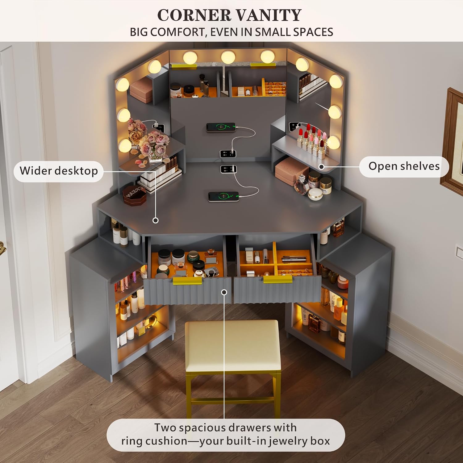 Vanity Desk with Charging Station & LED Lights Mirror – Corner Design HD Triple Mirror Makeup Vanity Table Set with Storage Drawers & Chair for Living Room/Bedroom Ideal Gift (Grey-113)